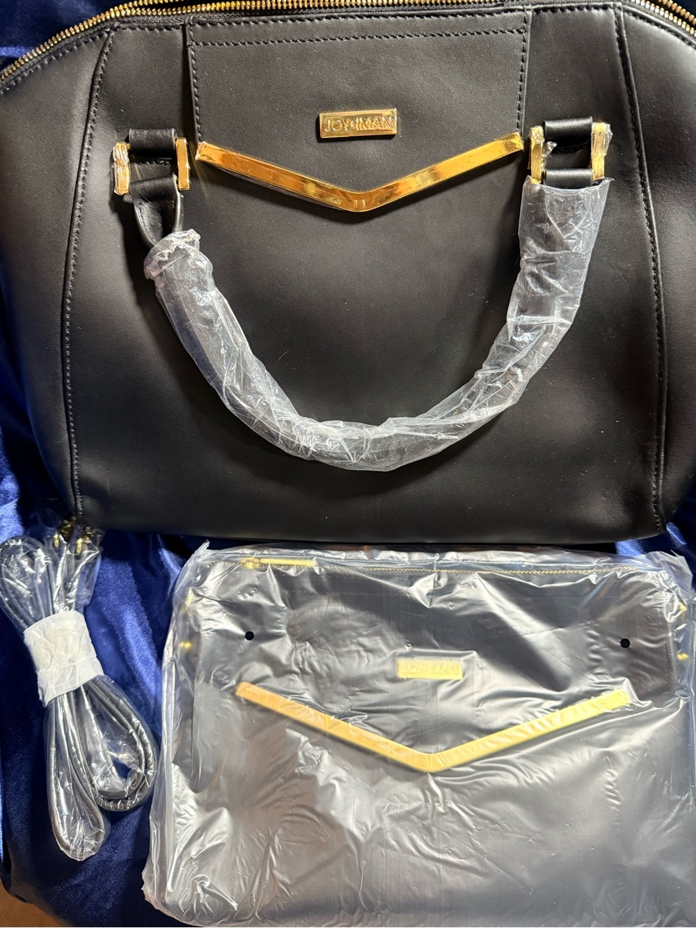 Joy Mangano Black Satchel with Gold Hardware and Matching Pouch